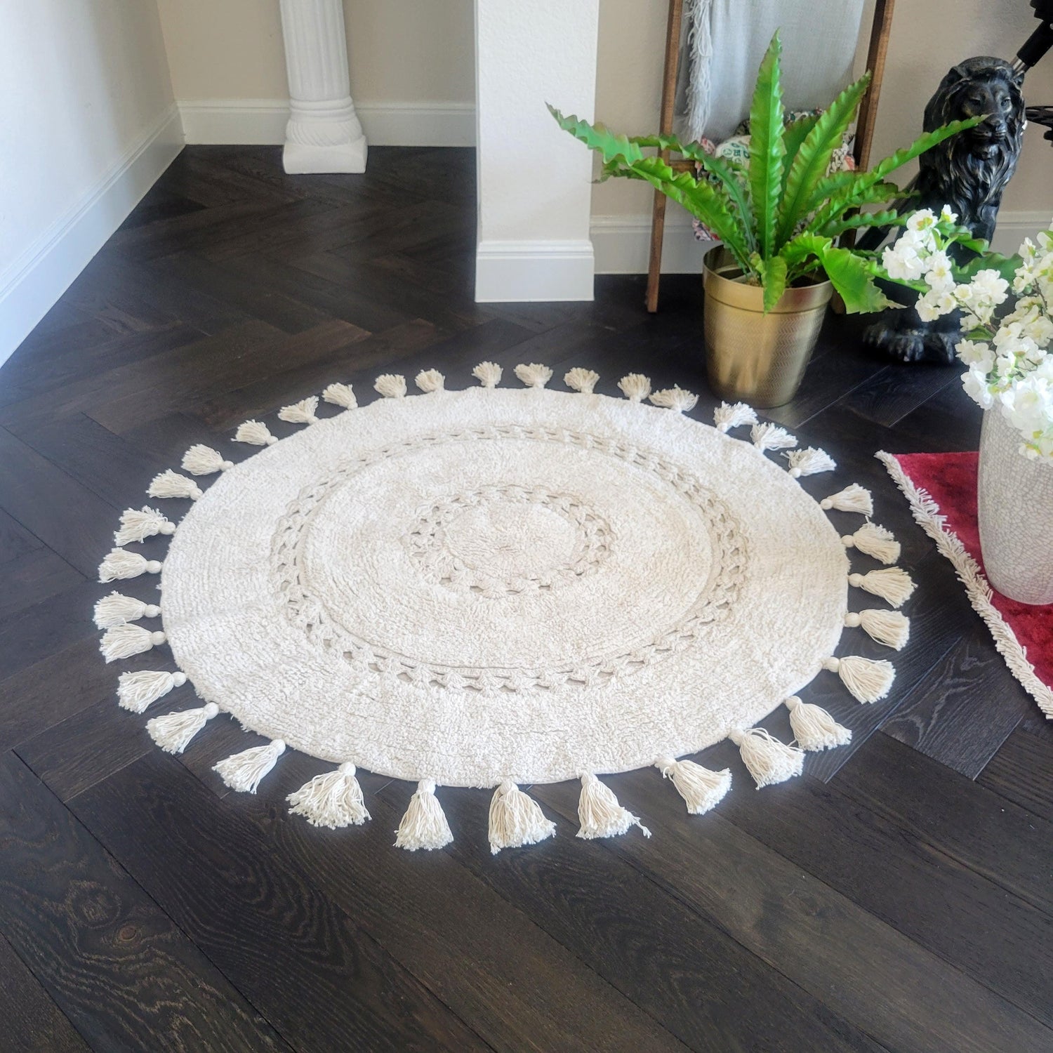 100% Non-Toxic Cotton Boho Round Crocheted Bath Rug with Tassels - Extra Large