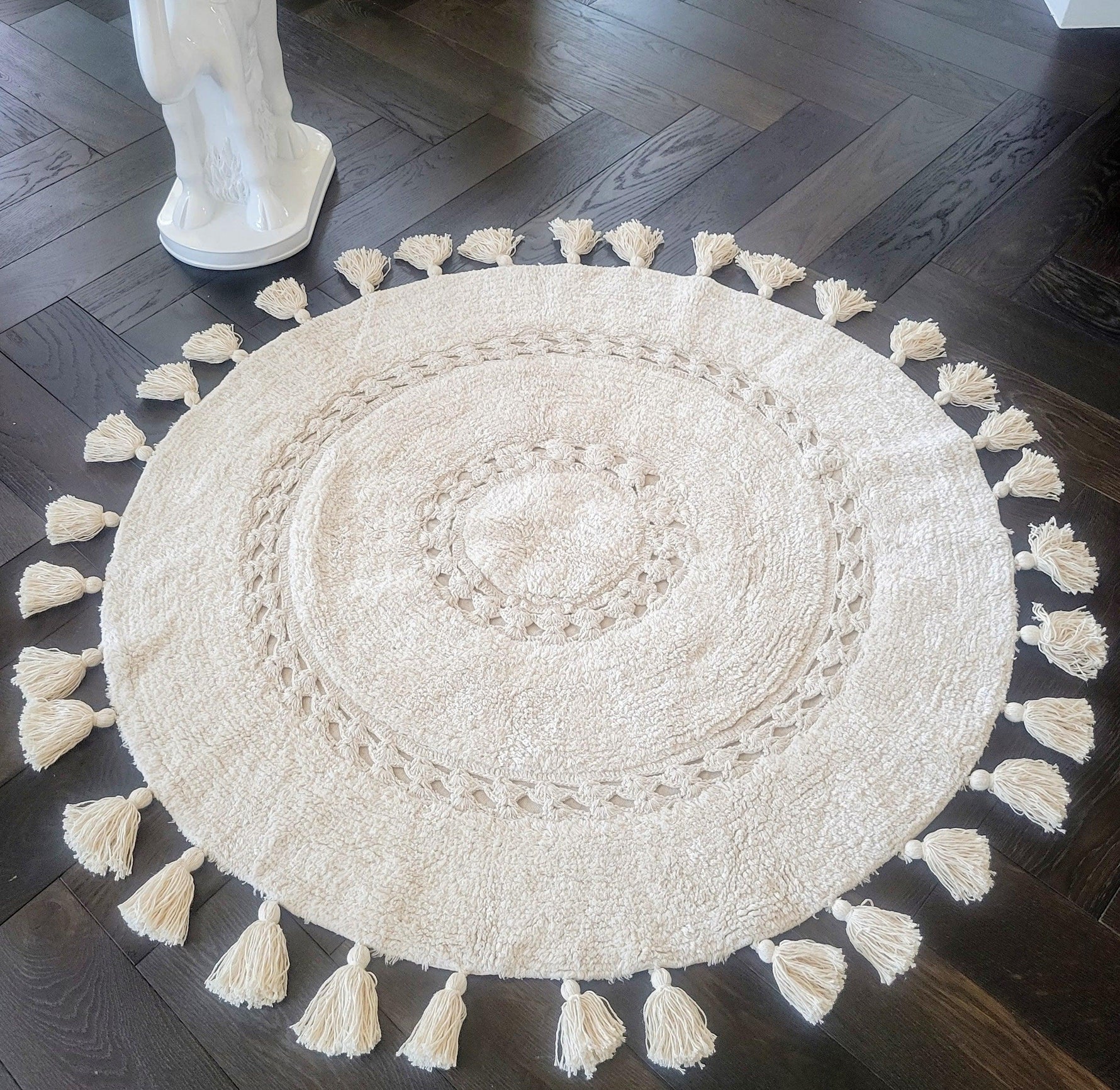 100% Non-Toxic Cotton Boho Round Crocheted Bath Rug with Tassels - Extra Large