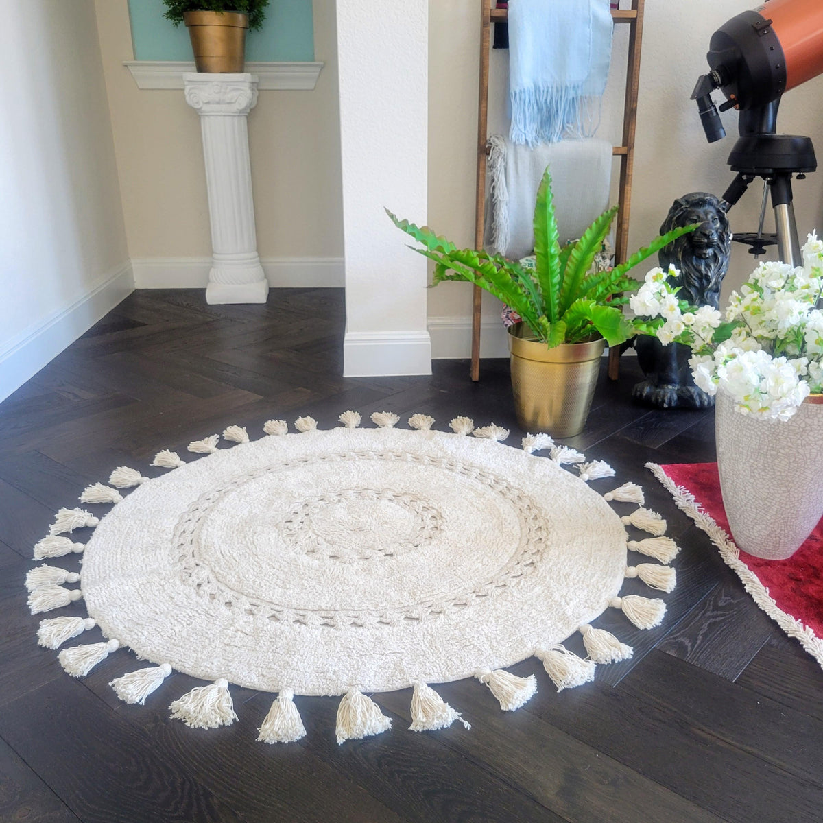 100% Non-Toxic Cotton Boho Round Crocheted Bath Rug with Tassels - Extra Large