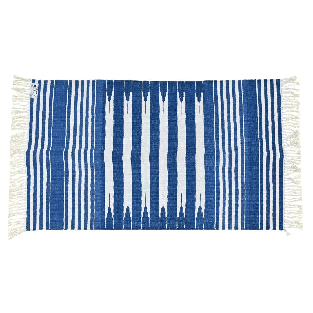 Handwoven Blue and White Stripe Cotton Rug with Fringes