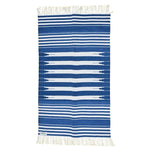 Handwoven Blue and White Stripe Cotton Rug with Fringes