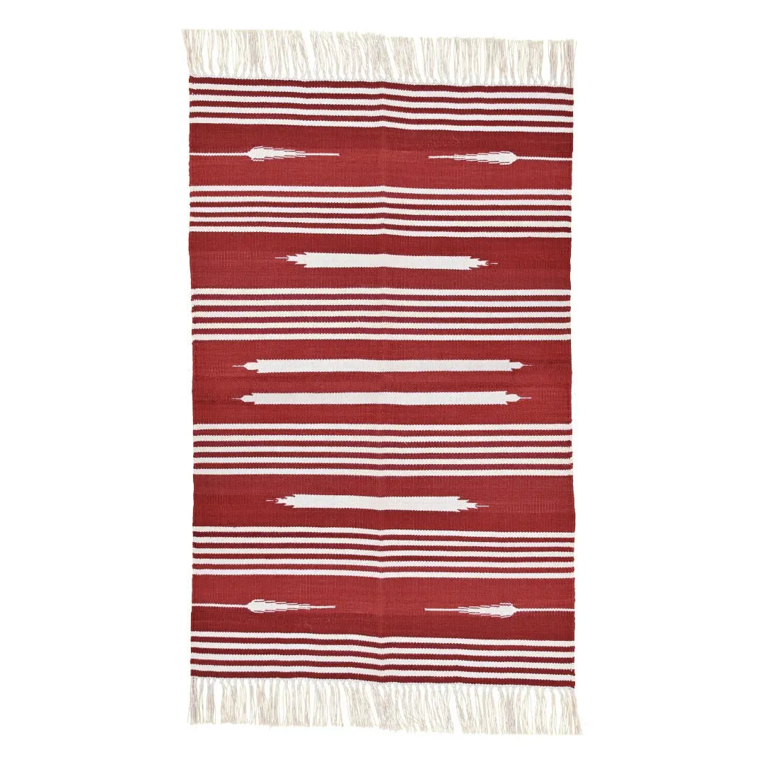 Handwoven Red and White Patterned Cotton Rug with Fringes