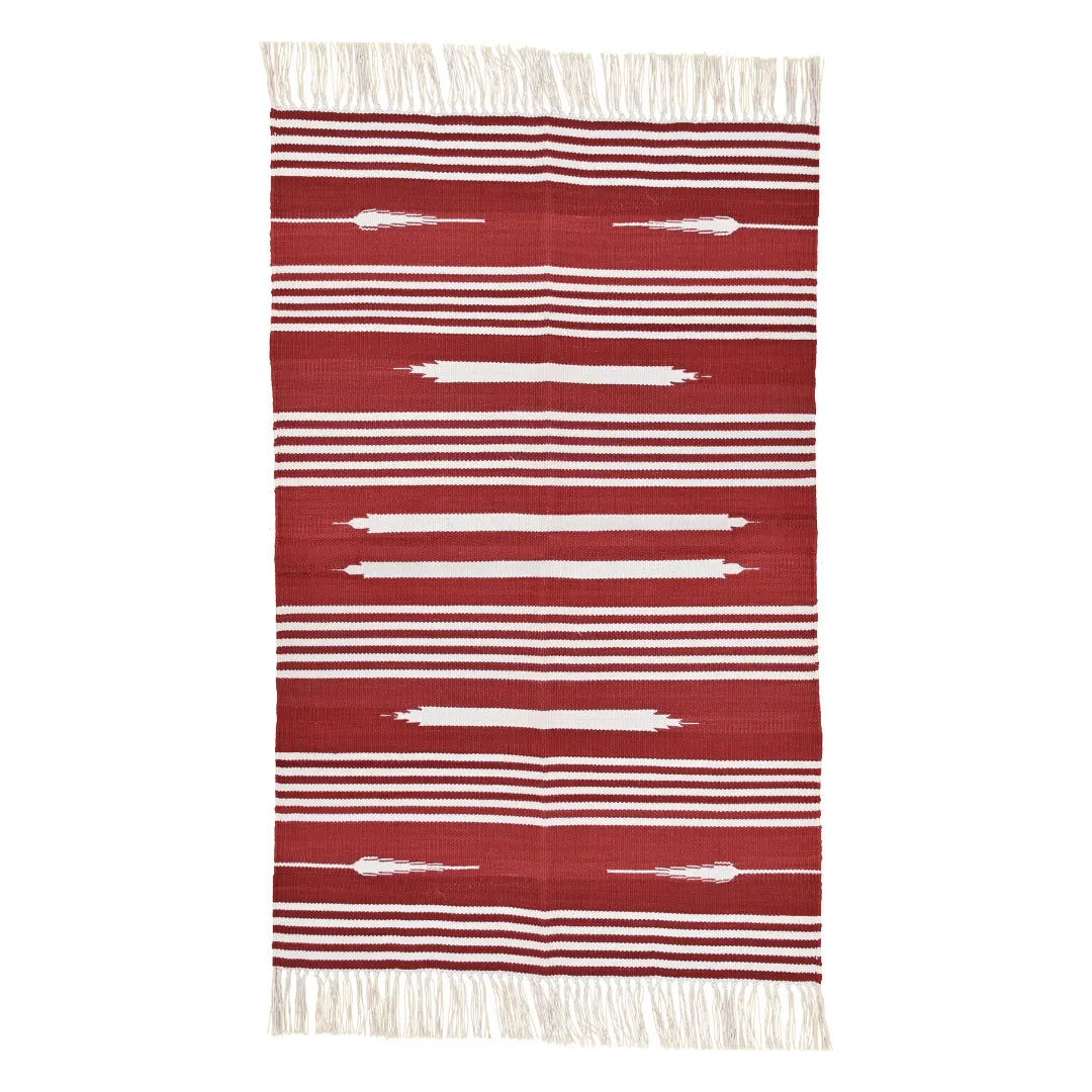 Handwoven Red and White Patterned Cotton Rug with Fringes