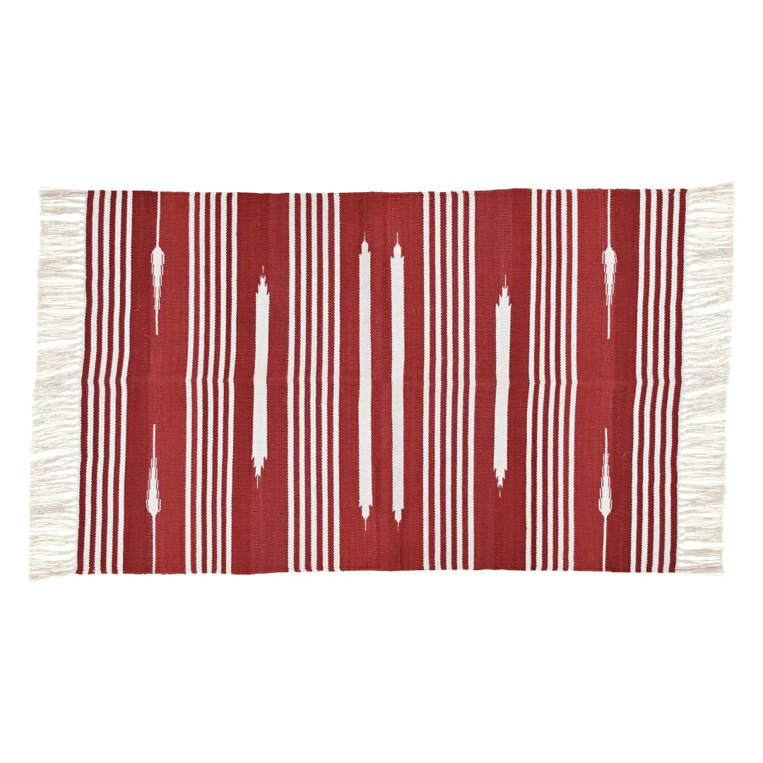 Handwoven Red and White Patterned Cotton Rug with Fringes