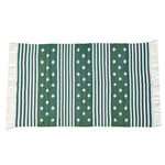 Handwoven Green and White Diamond Cotton Rug with Fringes