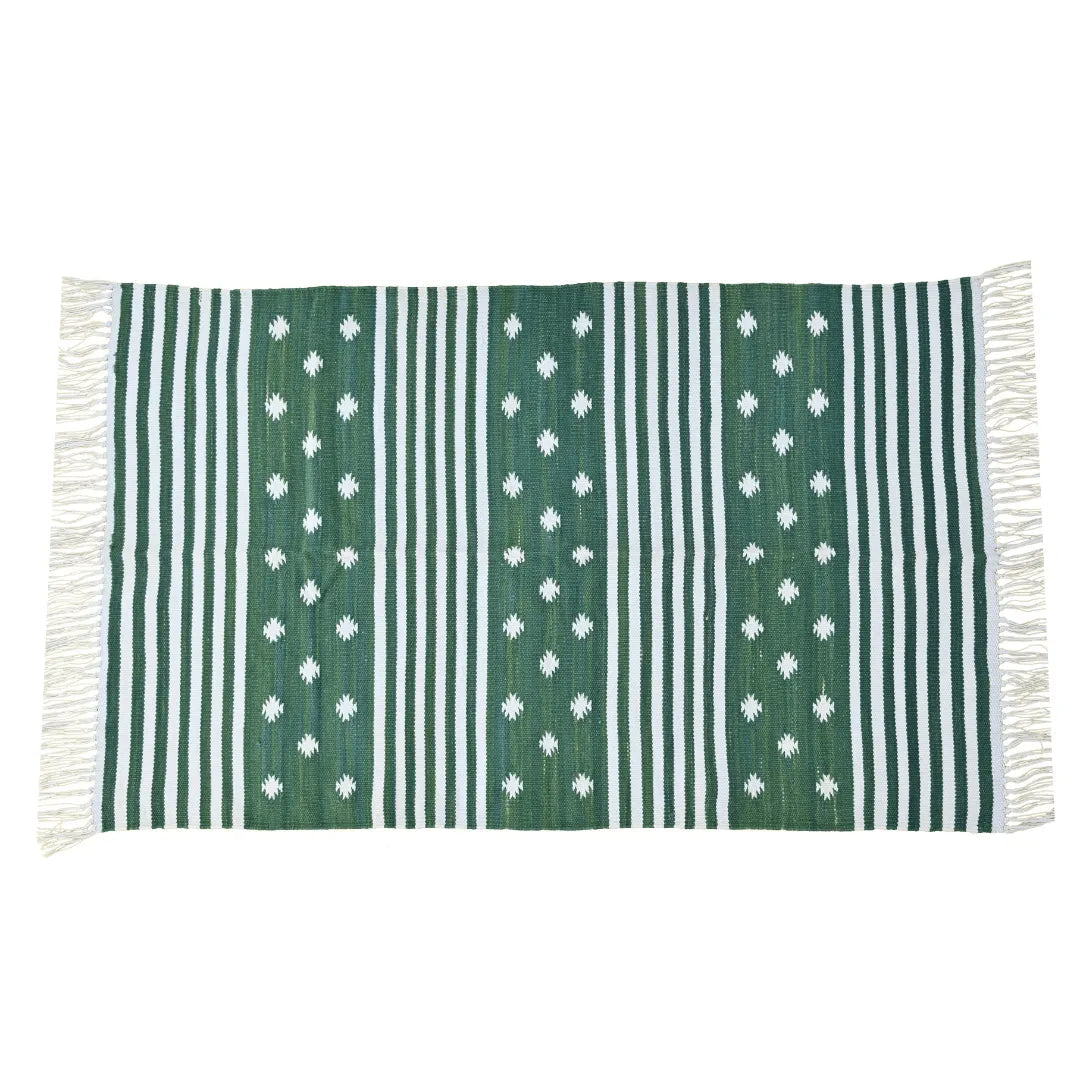 Handwoven Green and White Diamond Cotton Rug with Fringes