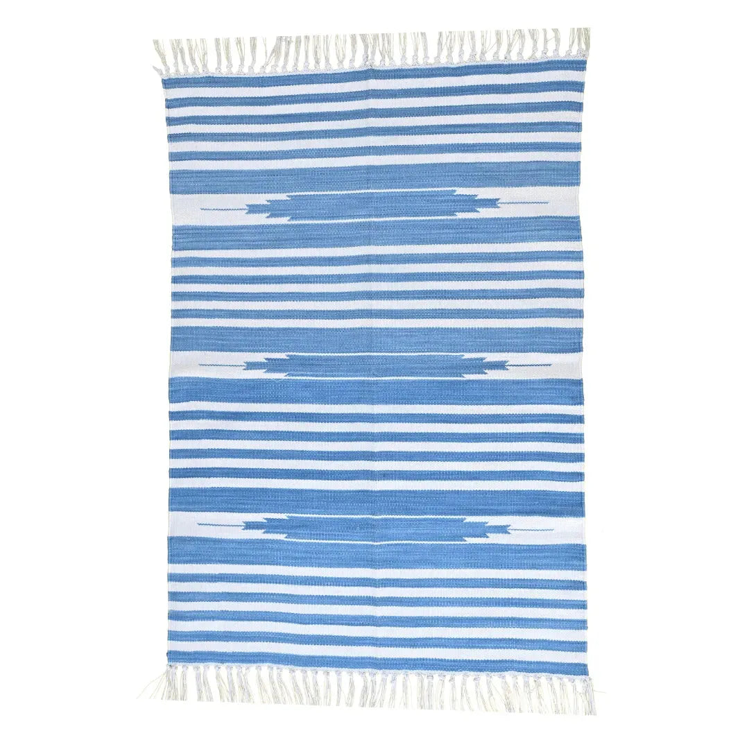 Handwoven Sky Blue and White Stripe Cotton Rug with Fringes