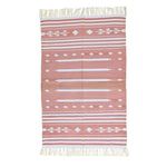 Handwoven Peach and White Patterned Cotton Rug with Fringes