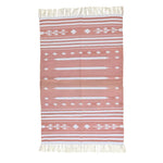 Handwoven Peach and White Patterned Cotton Rug with Fringes