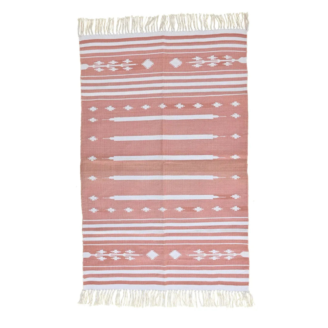 Handwoven Peach and White Patterned Cotton Rug with Fringes