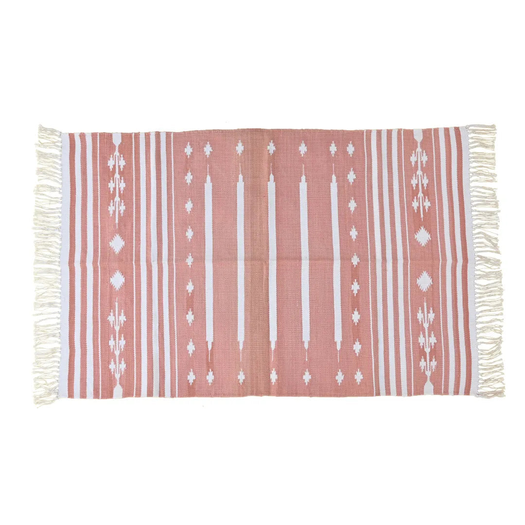 Handwoven Peach and White Patterned Cotton Rug with Fringes