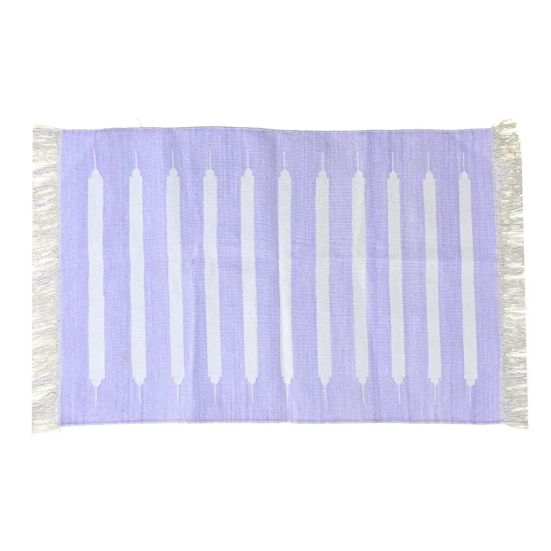 Handwoven Lavender and White Stripe Cotton Rug with Fringes