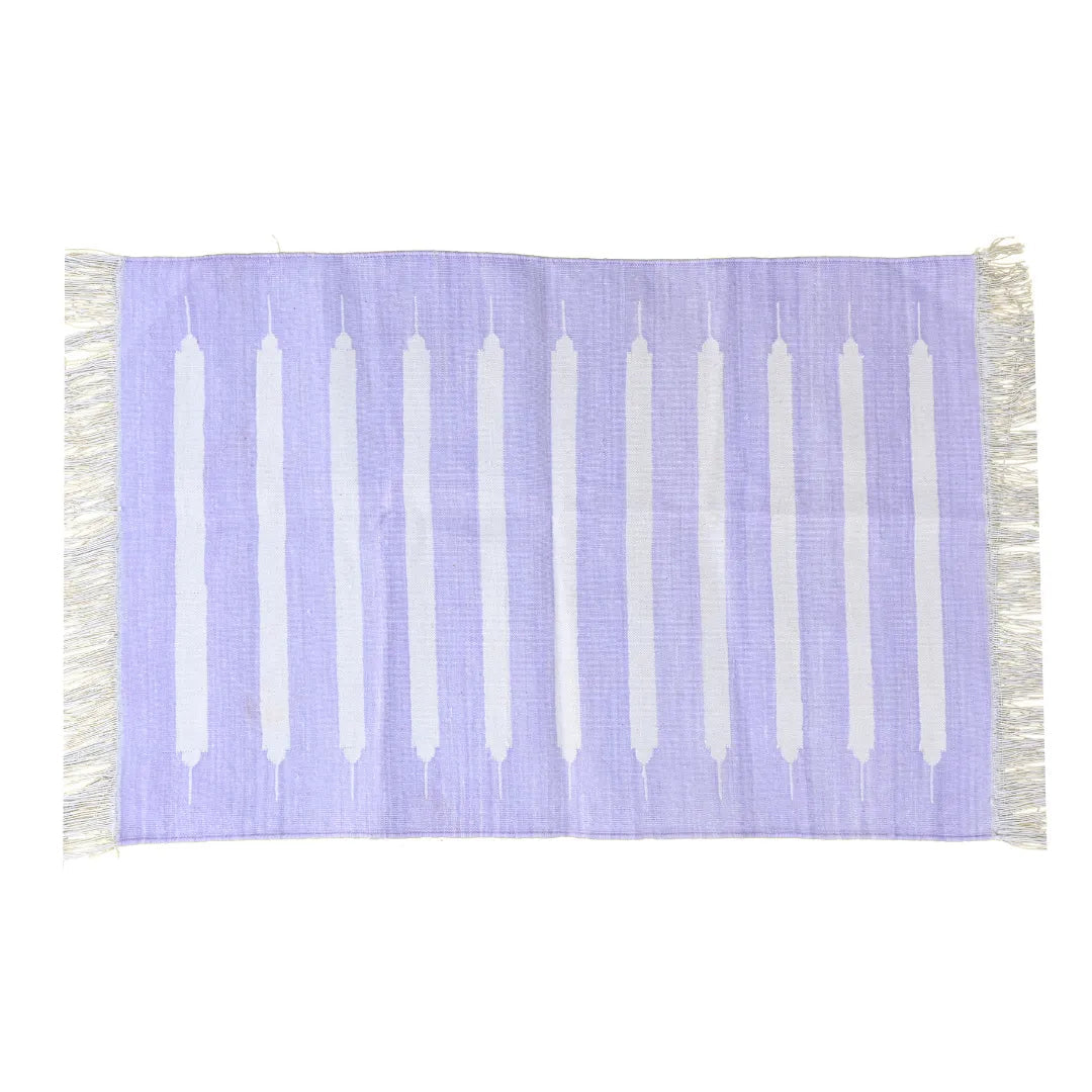 Handwoven Lavender and White Stripe Cotton Rug with Fringes