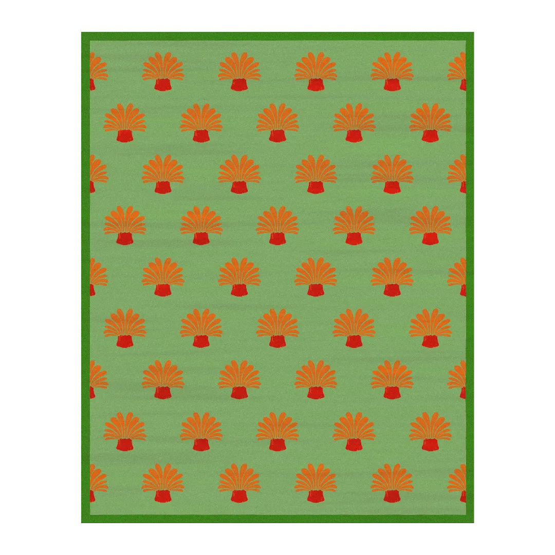 Orange Palm Trees Green Tufted Wool Rug