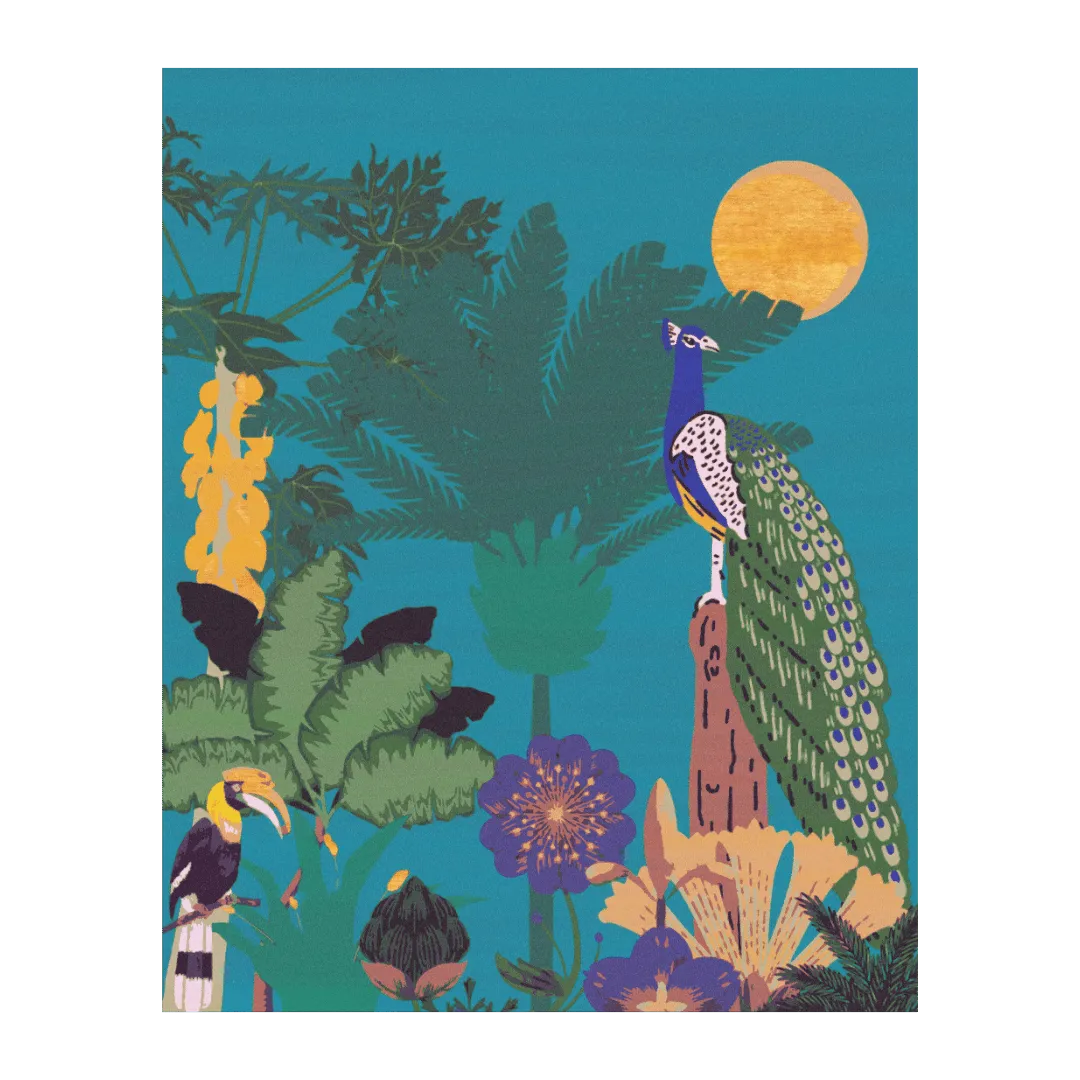 Sunlit Jungle Symphony Peacock Hand Tufted Rug - Blue