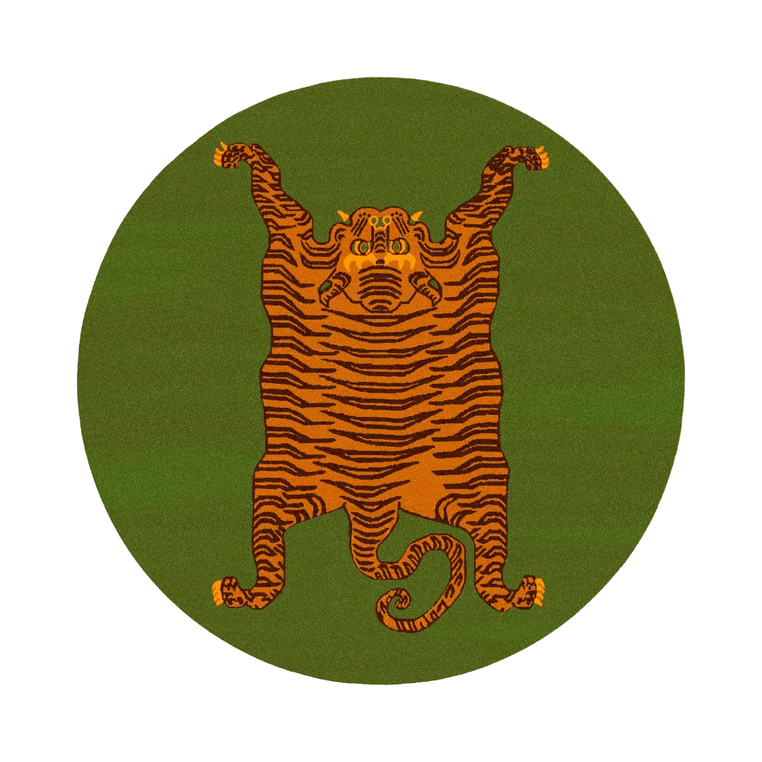 Orange Tibetan Tiger Green Hand Tufted Round Rug