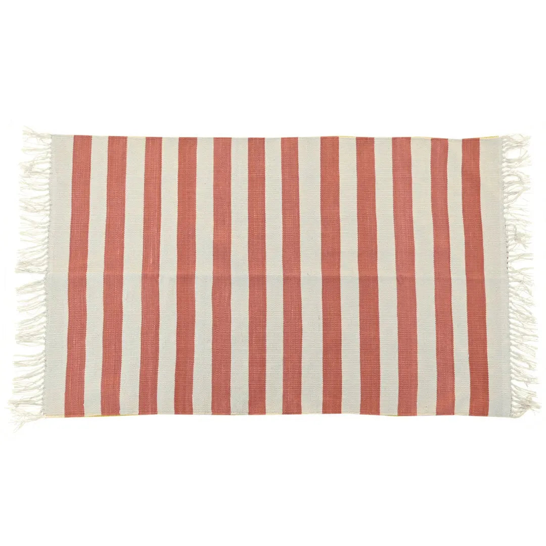 Handwoven Orange and White Stripe Cotton Rug with Fringes