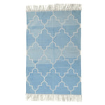 Handwoven Blue and White Moroccan Patterned Cotton Rug with Fringes