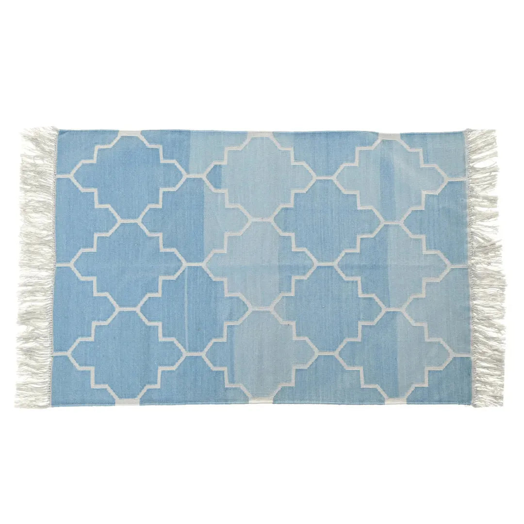 Handwoven Blue and White Moroccan Patterned Cotton Rug with Fringes