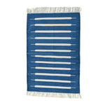 Handwoven Blue and White Mini Stripe Cotton Rug with Fringes