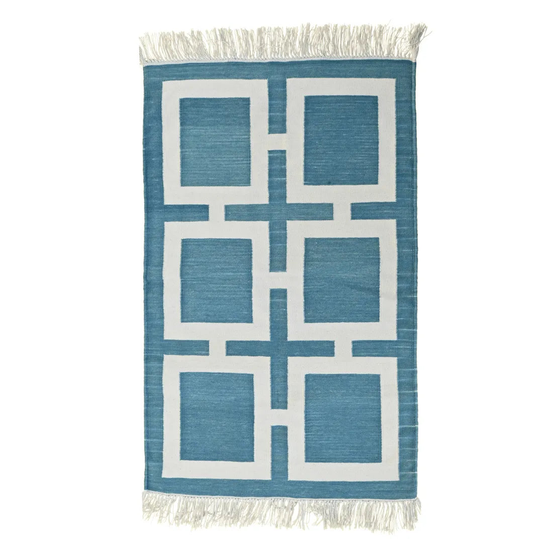 Handwoven Blue and White Geometric Cotton Rug with Fringes