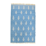 Handwoven White Floral Blue Cotton Rug with Fringes