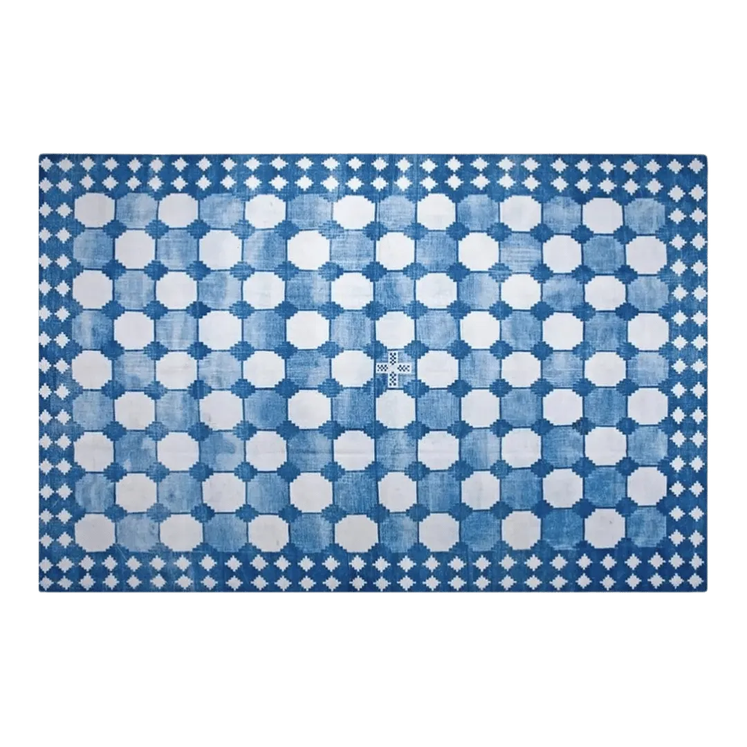 White and Blue Classic Dhurrie Cotton Rug