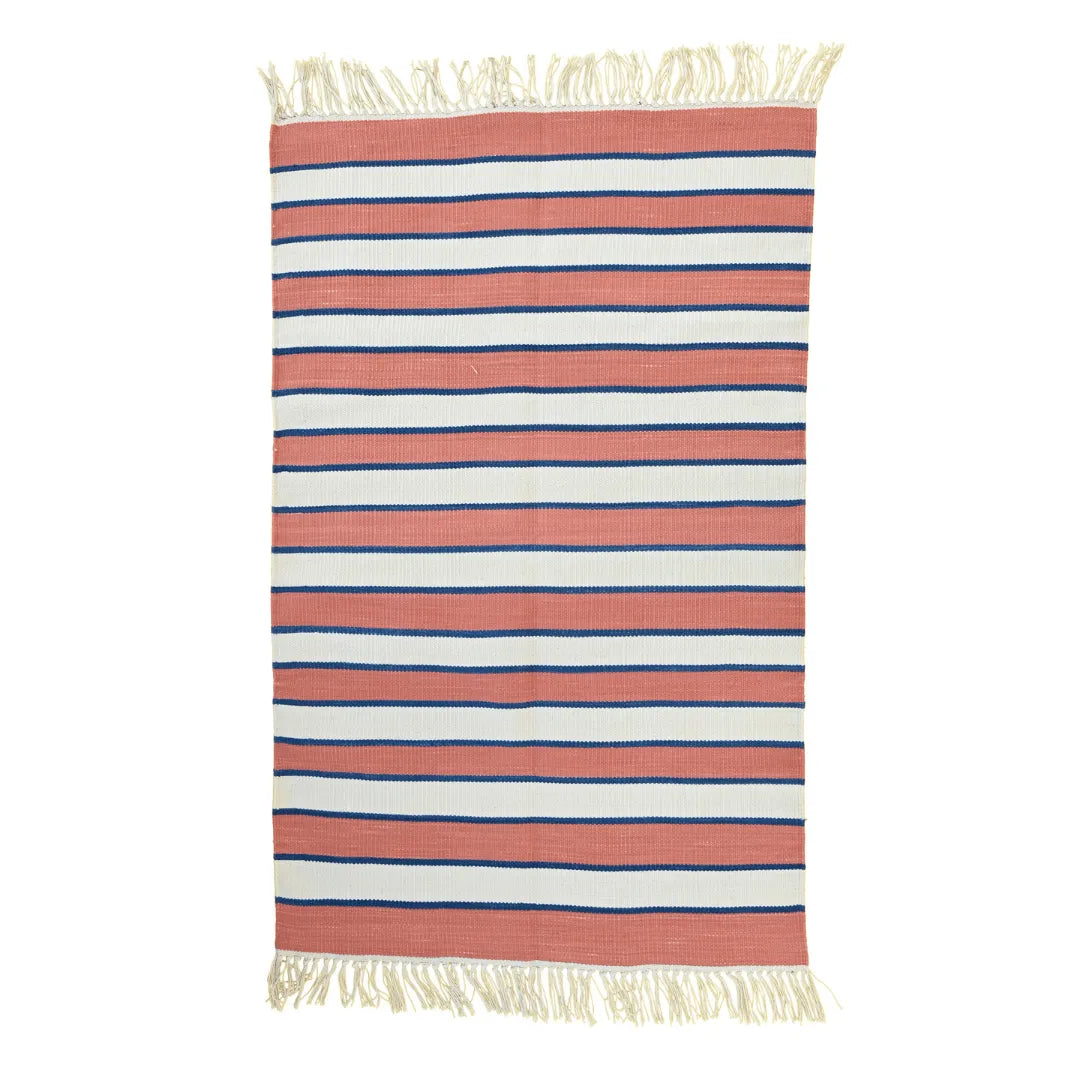 Handwoven Peach and White Stripe Cotton Rug with Fringes