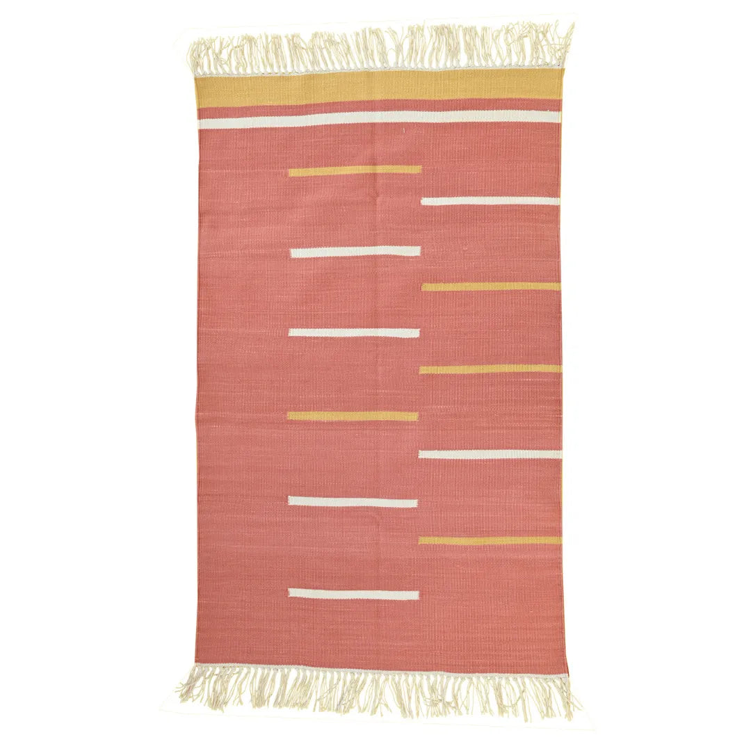 Handwoven Peach and Yellow Minimalistic Cotton Rug with Fringes