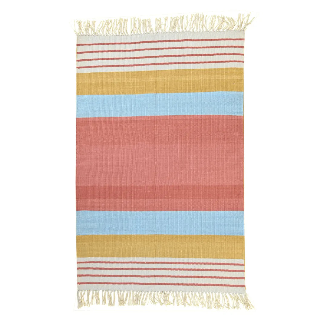 Handwoven Peach and Blue Ombre Cotton Rug with Fringes