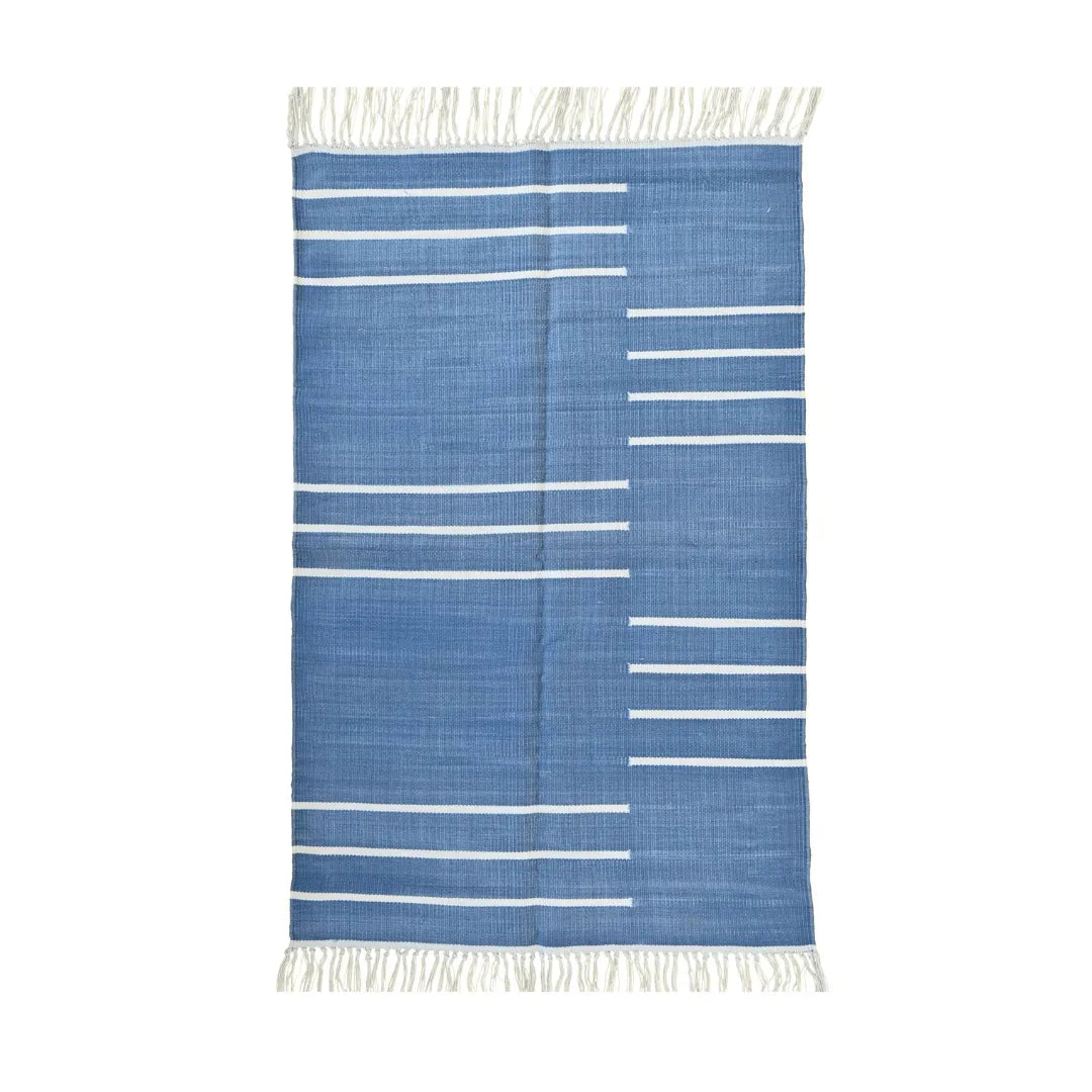 Handwoven Blue and White Miniamlistic Cotton Rug with Fringes