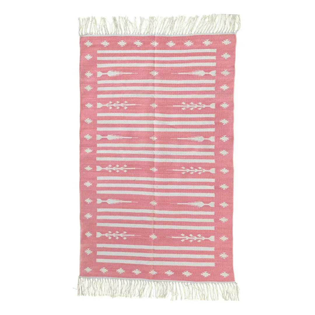 Handwoven Pink and White Traditional Cotton Rug with Fringes