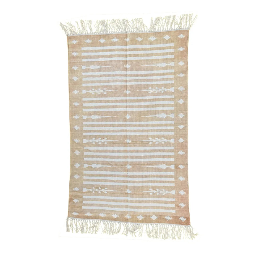 Handwoven Light Taupe and White Traditional Cotton Rug with Fringes