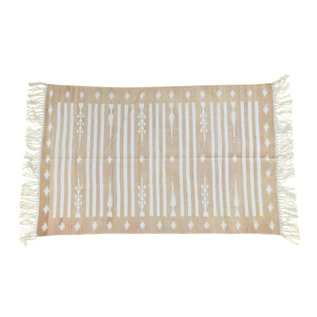 Handwoven Light Taupe and White Traditional Cotton Rug with Fringes