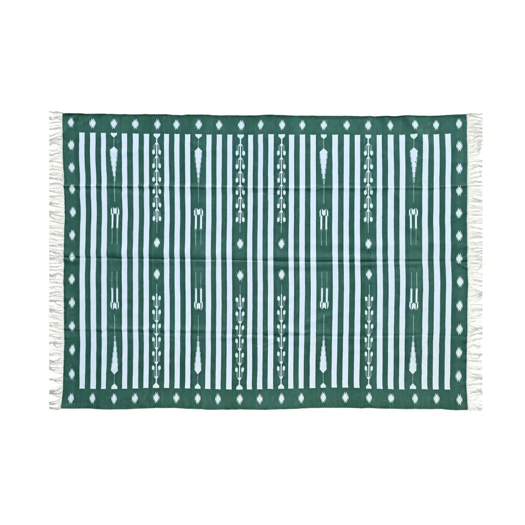 Handwoven Green and White Traditional Cotton Rug with Fringes