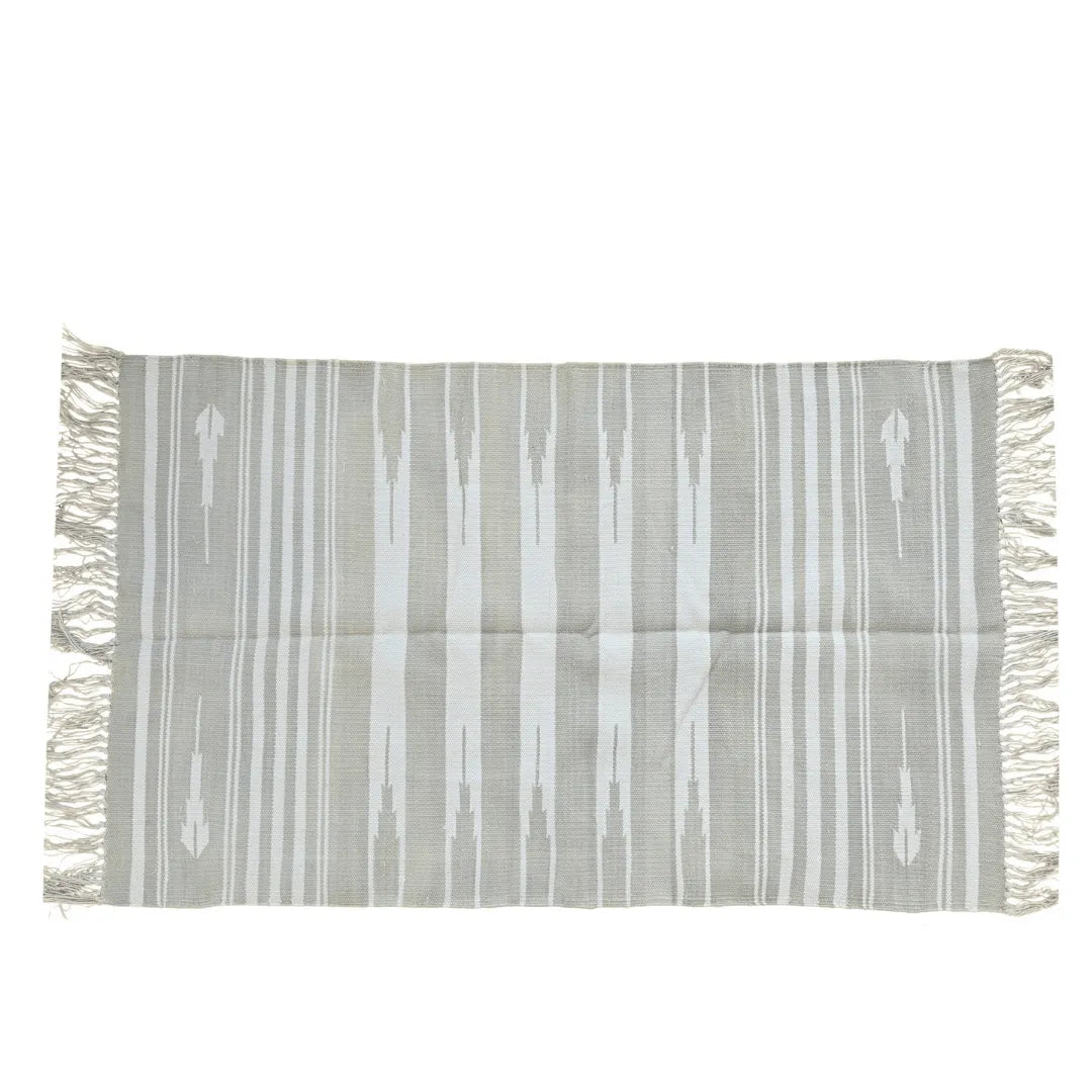 Handwoven Gray and White Stripe Cotton Rug with Fringes