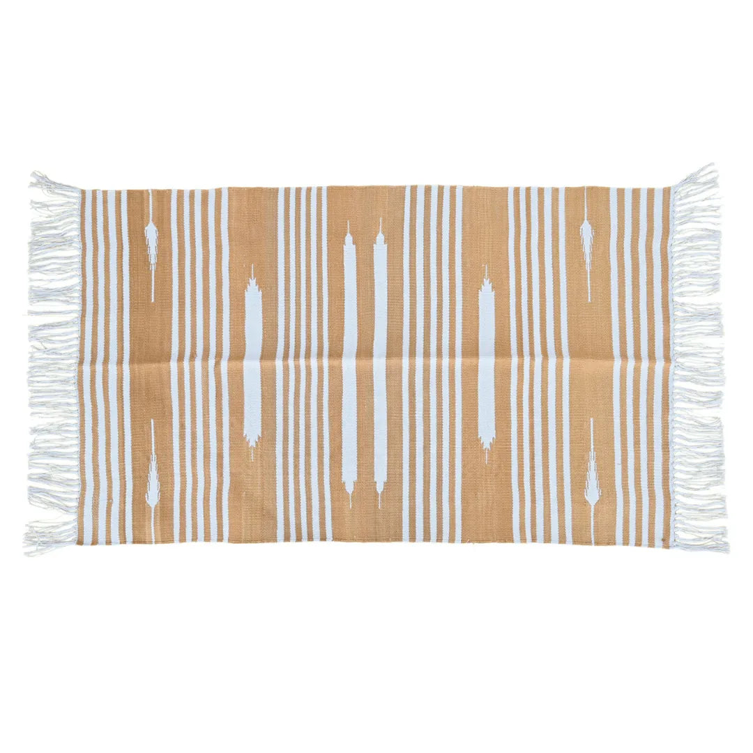 Handwoven Cafe Au Lait and White Stripe Cotton Rug with Fringes