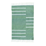 Handwoven Green and White Minimalistic Cotton Rug with Fringes