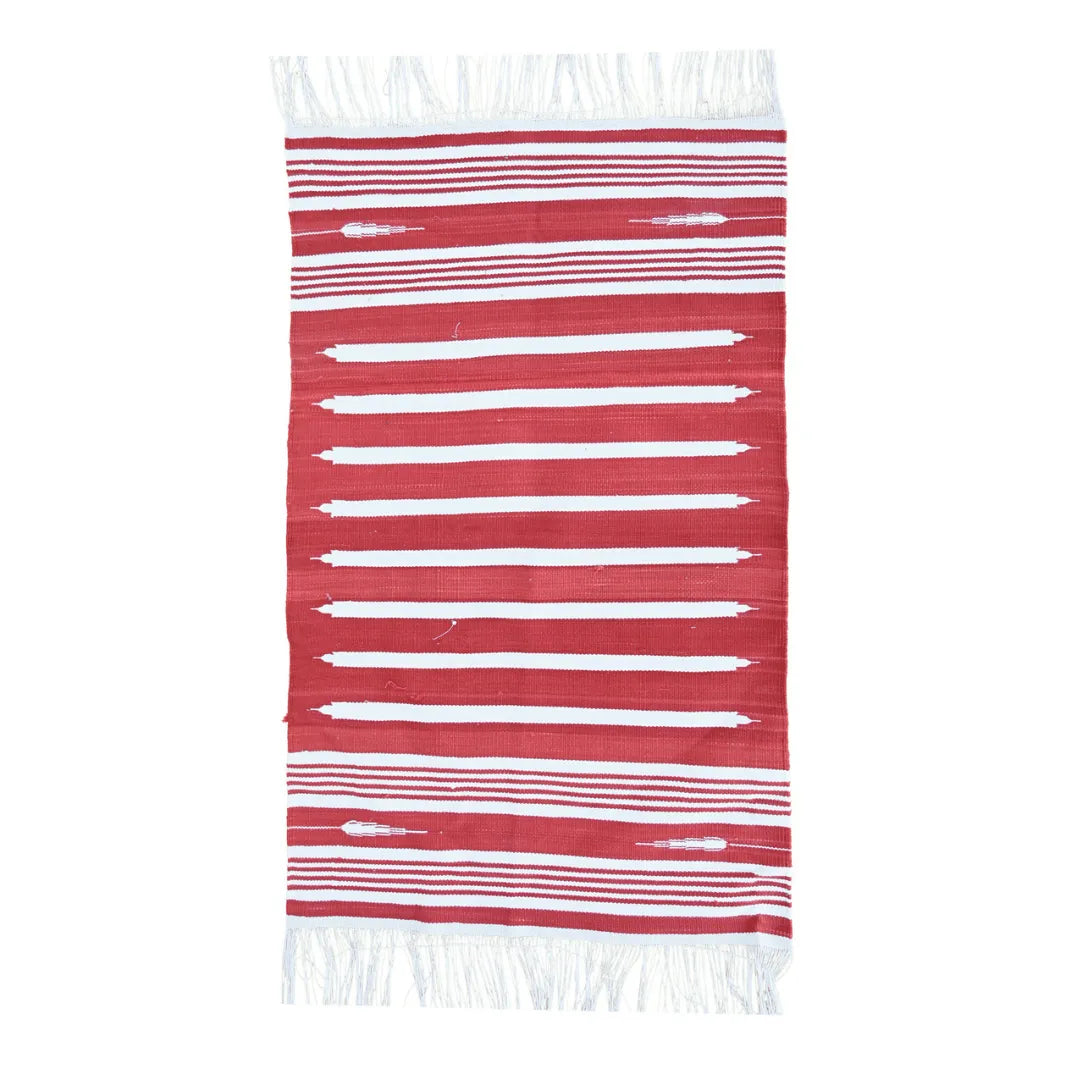 Handwoven Red and White Stripe Minimalistic Cotton Rug with Fringes