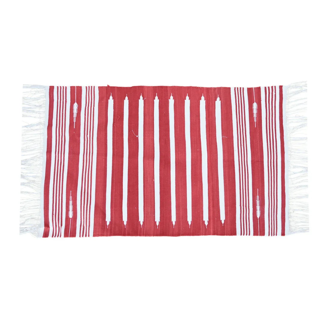 Handwoven Red and White Stripe Minimalistic Cotton Rug with Fringes