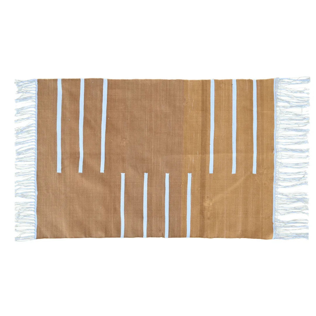 Handwoven Turmeric and White Minimalistic Cotton Rug with Fringes