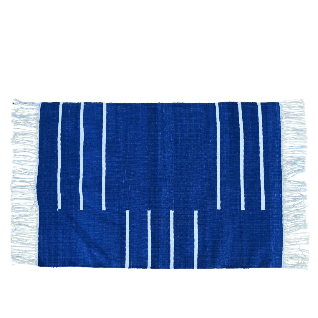 Handwoven Royal Blue and White Minimalistic Cotton Rug with Fringes