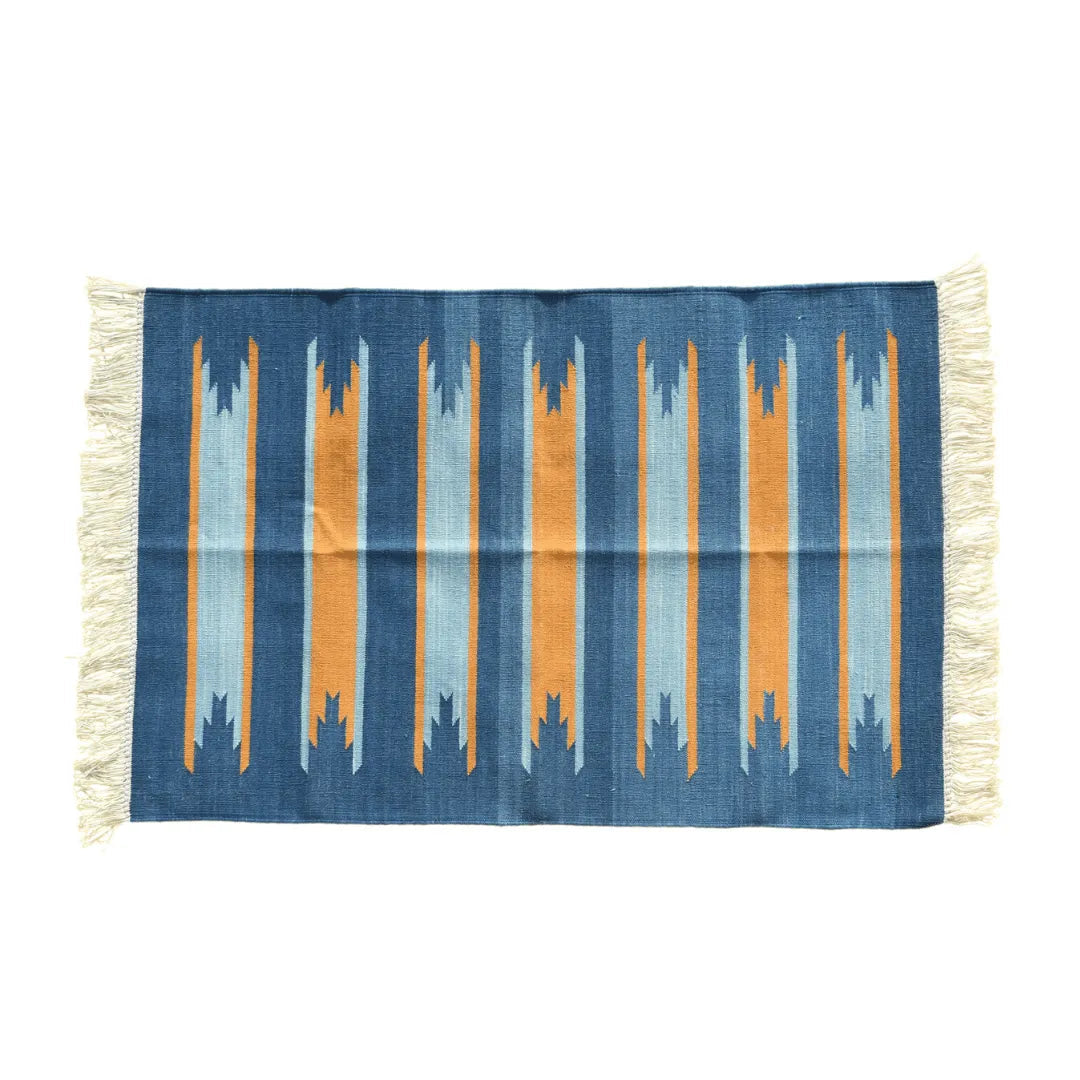 Handwoven Earth and Ocean Cotton Rug with Fringes