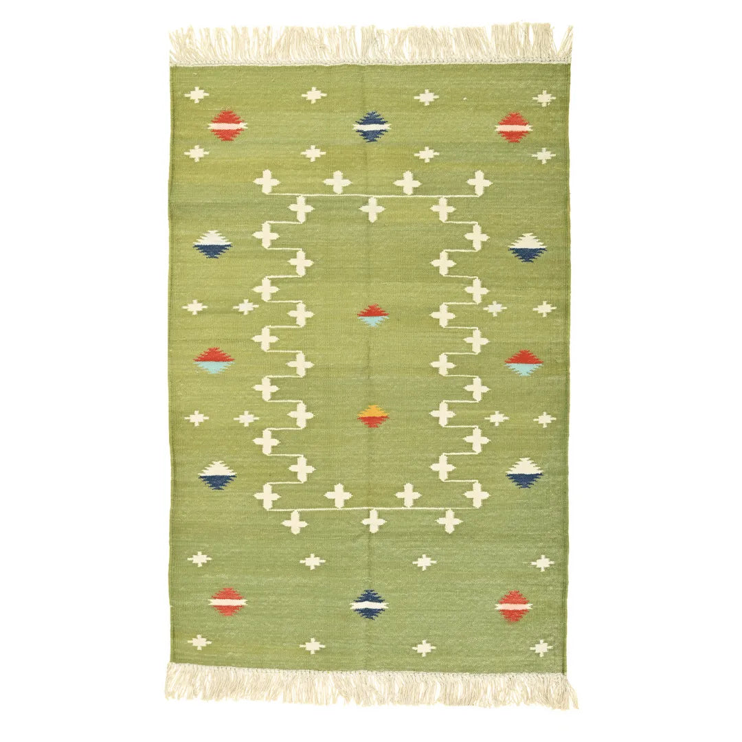 Handwoven Light Green Patterned Cotton Rug with Fringes