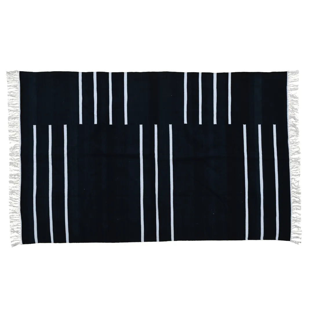 Handwoven Black and White Minimalistic Stripe Cotton Rug with Fringes