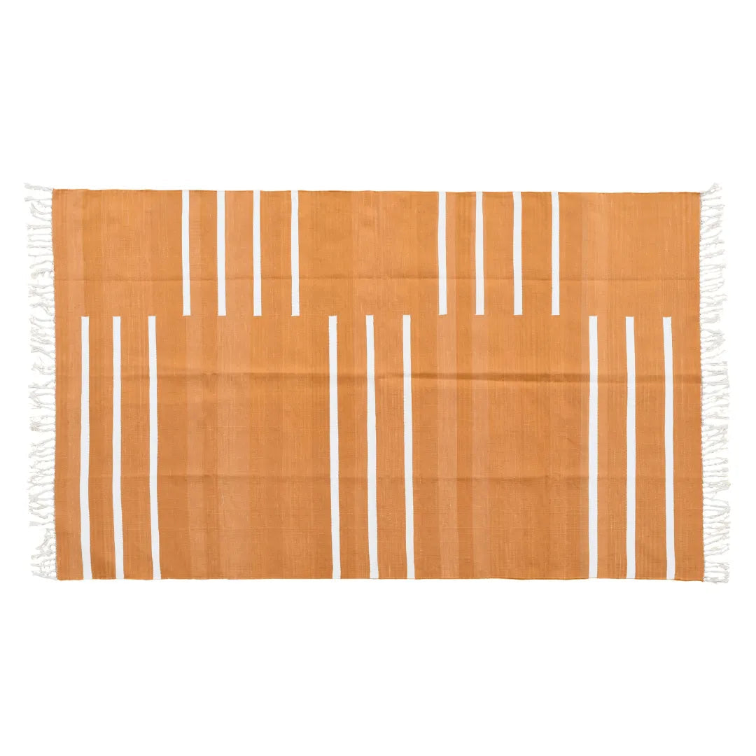 Handwoven Turmeric and White Minimalistic Stripe Cotton Rug with Fringes