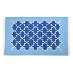 Handwoven Moroccan Blue Tiles Cotton Rug with Fringes