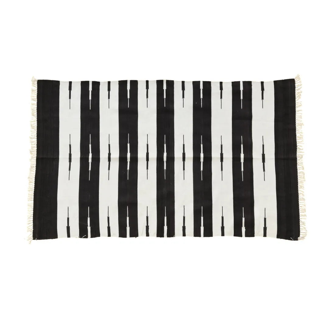 Handwoven Black and White Classic Stripe Cotton Rug with Fringes