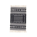 Handwoven Black and White Traditional Patterned Cotton Rug with Fringes