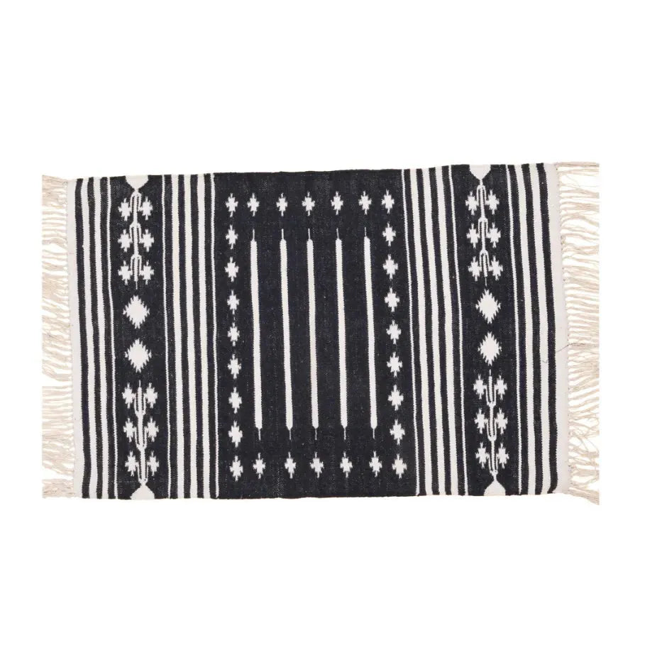 Handwoven Black and White Traditional Patterned Cotton Rug with Fringes